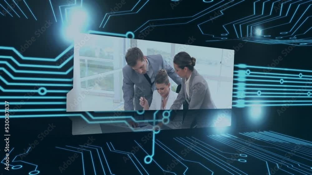 Poster animation of multiracial coworkers discussing at office over circuit board pattern