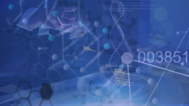 Animation of dna helix and programming codes over midsection of businessman using modern technology