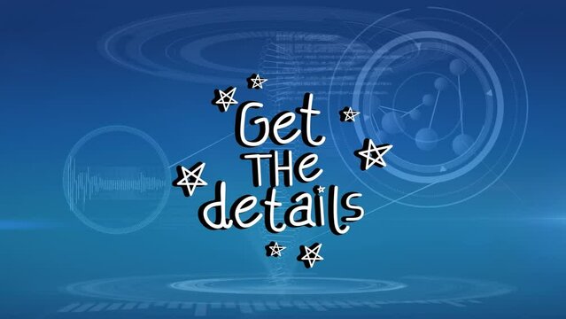 Animation of get the details text with stars over soundwave, dna helix and floating nucleotides