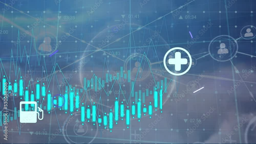 Poster animation of diverse icons over network of connections icons and data