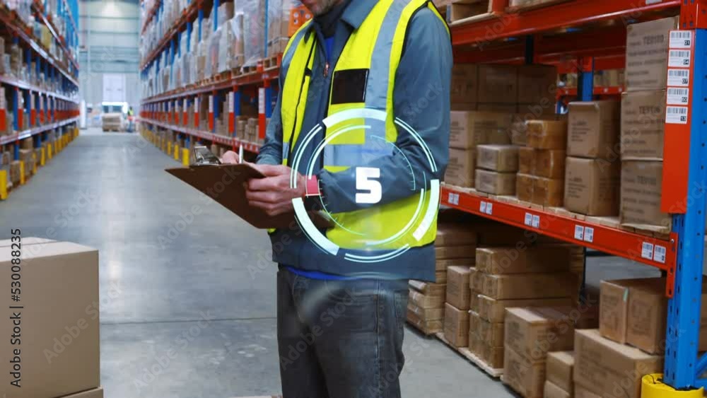 Poster Animation of scope with countdown over caucasian man with clipboard working in warehouse