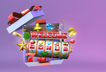 Abstract gambling concept image for online casinos offering welcome bonus rounds on slot games. 3D illustration with various slot symbols and coins flying out of an open gift box - obrazy, fototapety, plakaty