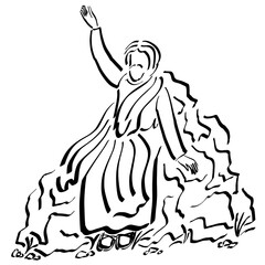 Fototapeta na wymiar Sermon on the Mount, Lord Jesus teaches people sitting on a stone, black outline