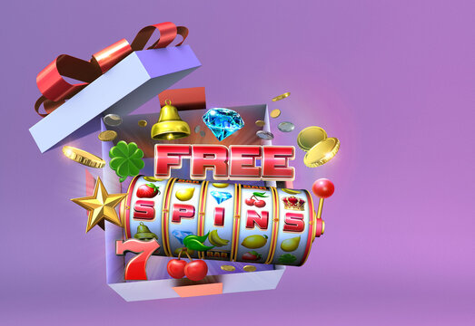 Abstract gambling concept image for  casinos offering free spins rounds on slot games. 3D illustration with various slot symbols and coins flying out of an open gift box