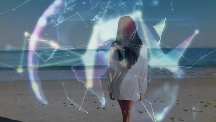 Animation of network of connections and globe over practicing walking on the beach - Powered by Adobe