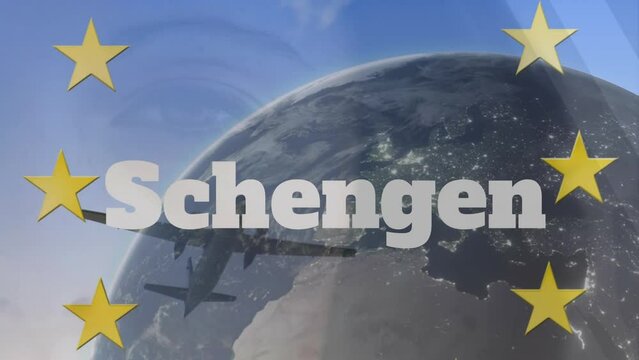 Animation of globe and schengen text over ue flag
