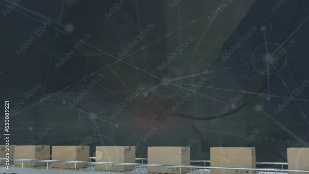 Poster animation of network of connections over boxes on productions line