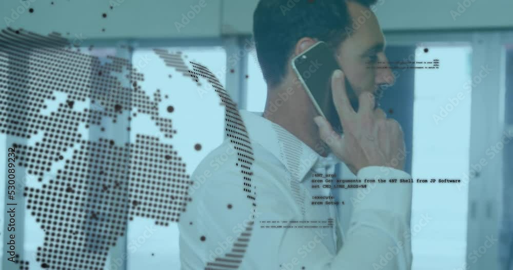 Poster animation of digital data processing over businessmen using smartphone