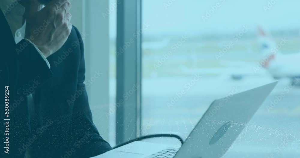 Poster animation of digital data processing over businessmen using smartphone