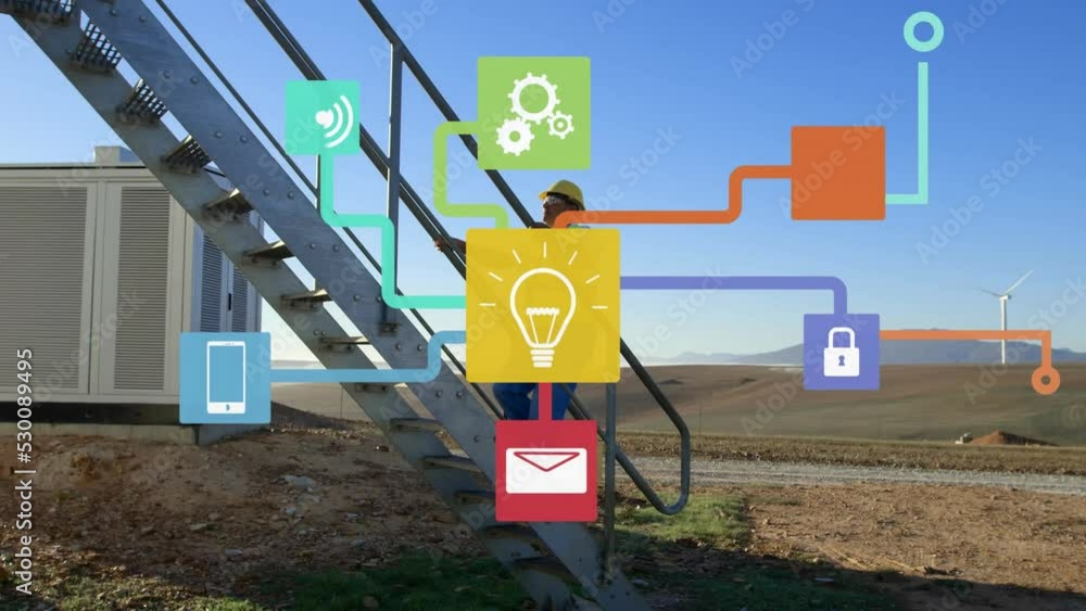 Poster animation of network of connections with icons over engineer and wind turbine