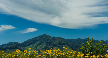 Mountains, sky and clouds passing by during travel