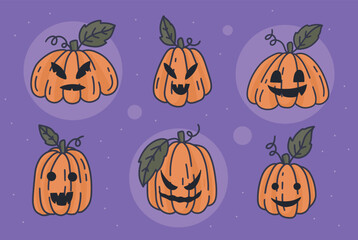 Set of Halloween cartoon Pumpkins with funny faces. Flat style vector isolated illustration