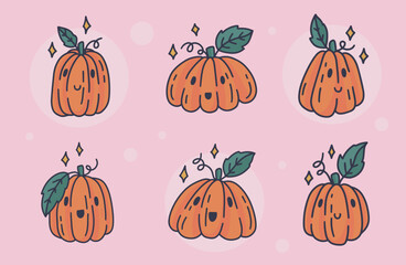 Cute Halloween Pumpkin collection. Vector hand drawn illustrations. Funny characters set