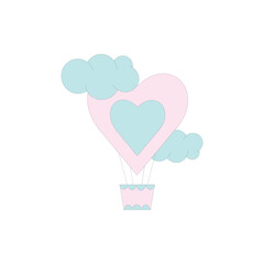 Vector flat illustration of a heart air balloon with clouds isolated on a white background. Pastel color.