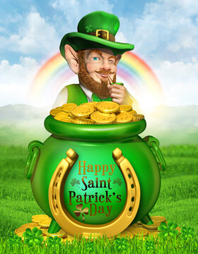 3D illustration of a leprechaun with his pot of gold set against a background with rainbow sky and fresh spring grass with clover leaves. St. Patrick's Day celebration banner design