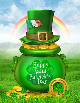 St. Patrick Day celebration banner design with Irish traditional lucky charms: shamrock, horseshoe, full pot of gold coins, and leprechaun green top hat. 3D illustration