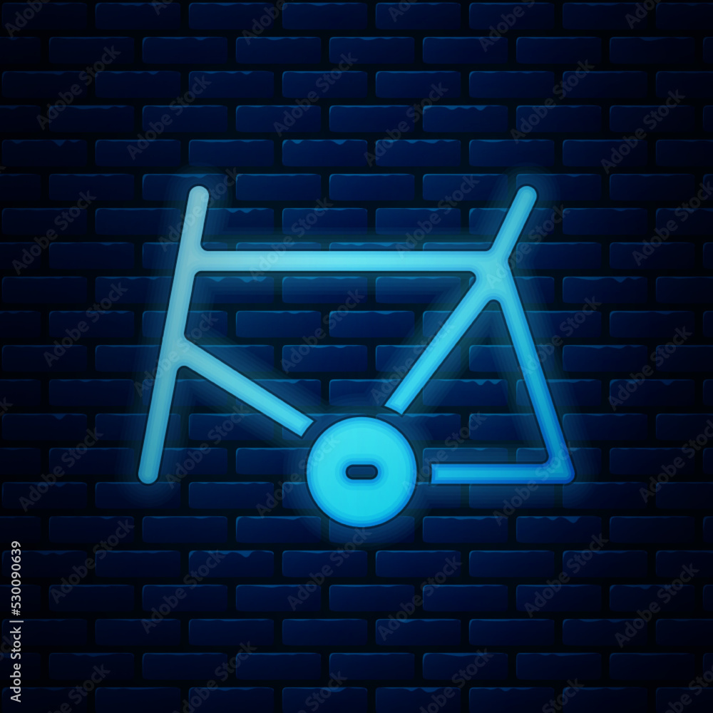 Sticker glowing neon bicycle frame icon isolated on brick wall background. vector