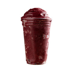 Brazilian Frozen A&ccedil;ai Berry Ice Cream Smoothie in plastic cup. On a wooden desk and a gray summer background. Front view for menu and social media
