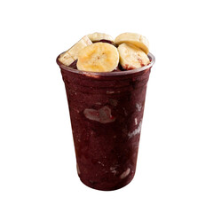 Brazilian Frozen Açai Berry Ice Cream Smoothie in plastic cup. On a wooden desk and a gray summer background. Front view for menu and social media