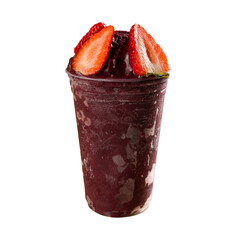 Brazilian Frozen Açai Berry Ice Cream Smoothie in plastic cup. On a wooden desk and a gray summer background. Front view for menu and social media