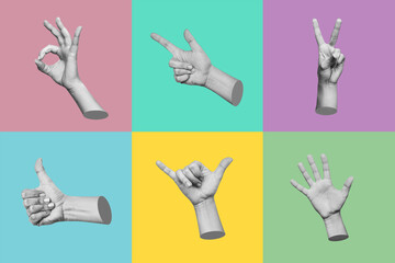 Obraz na płótnie Canvas Trendy 3d collage of female hands showing gestures such as peace, thumb up, the ok, shaka, point to, greeting isolated on different color backgrounds. Contemporary art in magazine style. Modern design