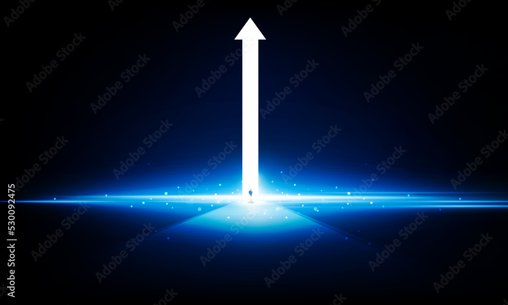Poster abstract businessman of arrow up key door open light out technology and question mark background hit