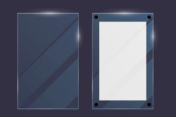 Vector plastic and acrylic glass mockup with glow light reflection on the edge of frame. Window, screen or plate  with shiny glare effect on dark blue background.