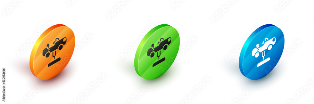 Poster isometric swing car on the playground icon isolated on white background. childrens carousel with car