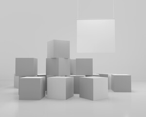 Many blank cubes with hanging banner, pyramid of cubes 3D mockup