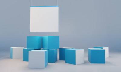 Many blank cubes with hanging banner, pyramid of blue and white cubes 3D mockup