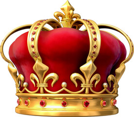 3D illustration of a royal crown, crafted in gold and adorned with ruby precious stones