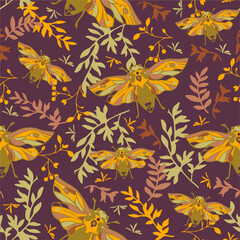 Seamless pattern of insects and botanical elements. Can be used for printing on fabric, paper, as a background for covers, labels, packages, etc. 