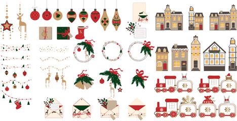 Christmas decoration big set  flat cartoon vector illustration