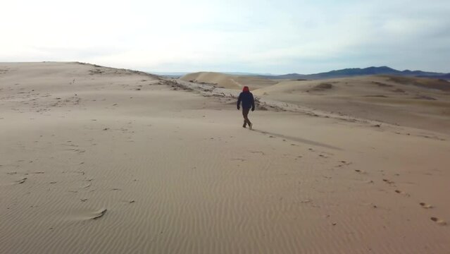 Une personne marche dans le desert de Gobi en Mongolie.