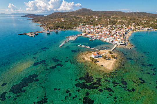 Aerial view of  Elafonisos main village during sunset. Located in south  Peloponnese Elafonisos is a small island very famous for the paradise sandy  beaches and the turquoise waters.