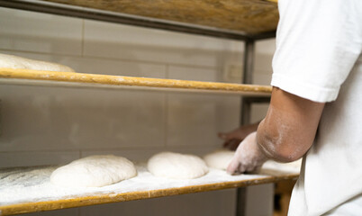 young baker places pizza on wooden boards to rise and after bake it, traditional dough bakery