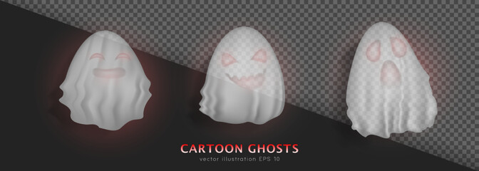 Three cartoon flying white bedsheet ghosts with red eyes on transparent background. 3D spooky screaming, laughing and tricky realistic phantoms. Vector Halloween characters, mythical creatures. 