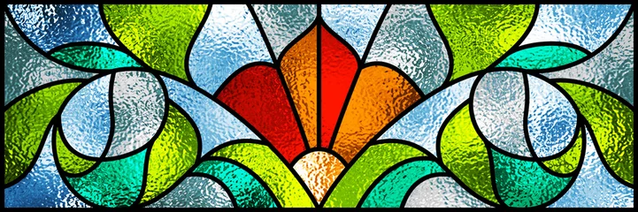 Photo sur Plexiglas Coloré Sketch of a colored stained glass window. Art Nouveau. Abstract stained-glass background. Bright colors, colorful. Modern. Architectural decor. Design luxury interior. Light. Red, yellow, green, blue.