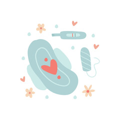 Period Power isolated t-shirt print concept. Composition of menstruation period, female reproductive system stickers Woman's tampon, menstrual pad, pregnancy test . Flat vector illustration