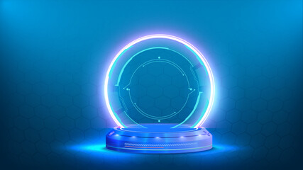 Circle portals, teleport, hologram gadget. Blank display, stage or magic portal, podium for show product in futuristic cyberpunk or hud style. Blue digital neon podium. Vector - obrazy, fototapety, plakaty