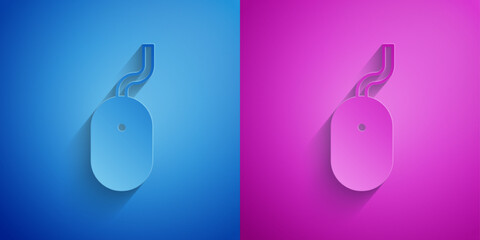 Paper cut Computer mouse icon isolated on blue and purple background. Optical with wheel symbol. Paper art style. Vector