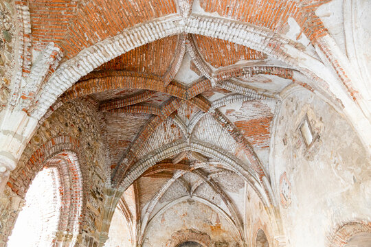 Brick vault in the cloister of the ruined Monastery of Saint Mary of Carracedo, El Bierzo, Spain