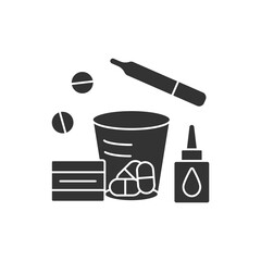  Treatment glyph icon. Nasal spray, daily pills, thermometer. Special treatment things. Medical service.Medical devices concept.Filled flat sign. Isolated silhouette vector illustration