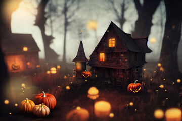 Fototapeta na wymiar Pumpkins with witch's castle, Halloween Background 3d illustration.