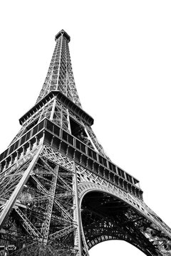 Black and white Eiffel tower photo isolated on transparent background, Paris France iconic landmark, png file