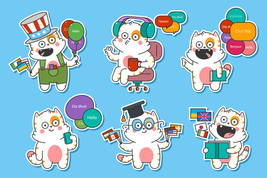 Learning languages vector cartoon stickers pack with cute cat characters isolated on background.