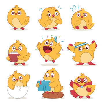 Cute cartoon chickens vector funny characters set isolated on a white background.