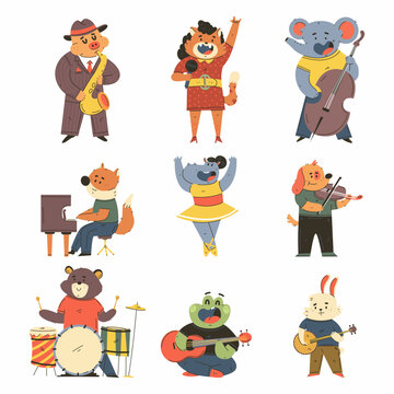 Musicians, singers and dancing animals vector cartoon characters set isolated on a white background.