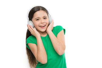 Little girl listen music modern headphones. Small kid listen music headphones. No ad interruptions. Play any song. Try premium account. Enjoy nonstop music. Privilege of premium music account