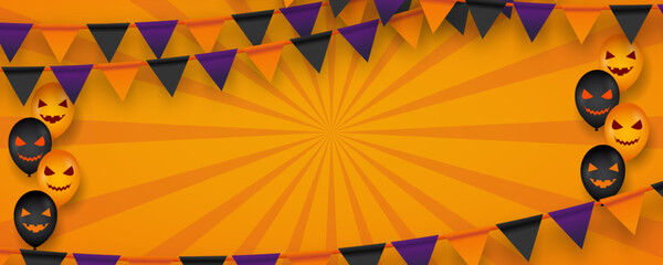 Halloween Flags Garlands with orange and black on violet background and balloons emotions pumpkins.Halloween background with party flags. Vector illustration.Vector illustration EPS 10